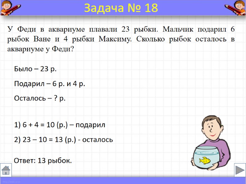 Было – 23 р. Подарил – 6 р. и 4 р. Осталось – ?